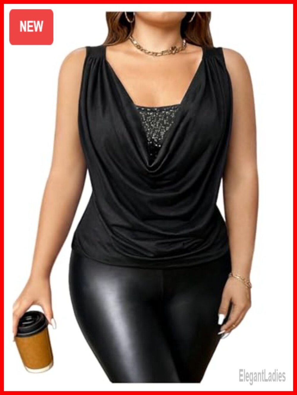 Women's Plus Size Cowl Neck Sequin Tank Top Party Club Top